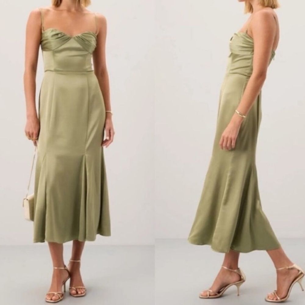 Reformation Hensley Satin Midi Dress Artichoke Green NWT $328